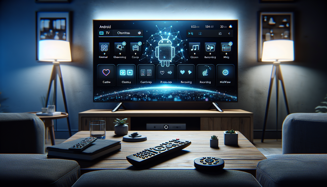Android TV setup showing an IPTV app dashboard with guide, favorites, recording, and multiview