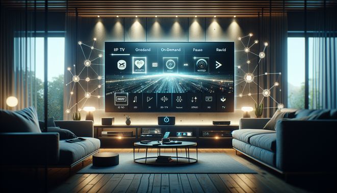 Premium IPTV on a smart TV with devices and streaming controls in a modern living room.