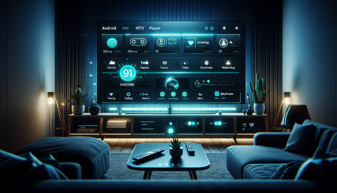 Android TV IPTV app interface with guide, playlists, and streaming controls