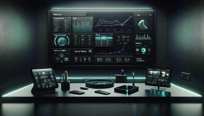 Dark streaming dashboard comparing IPTV providers with stability, devices, and pricing metrics.