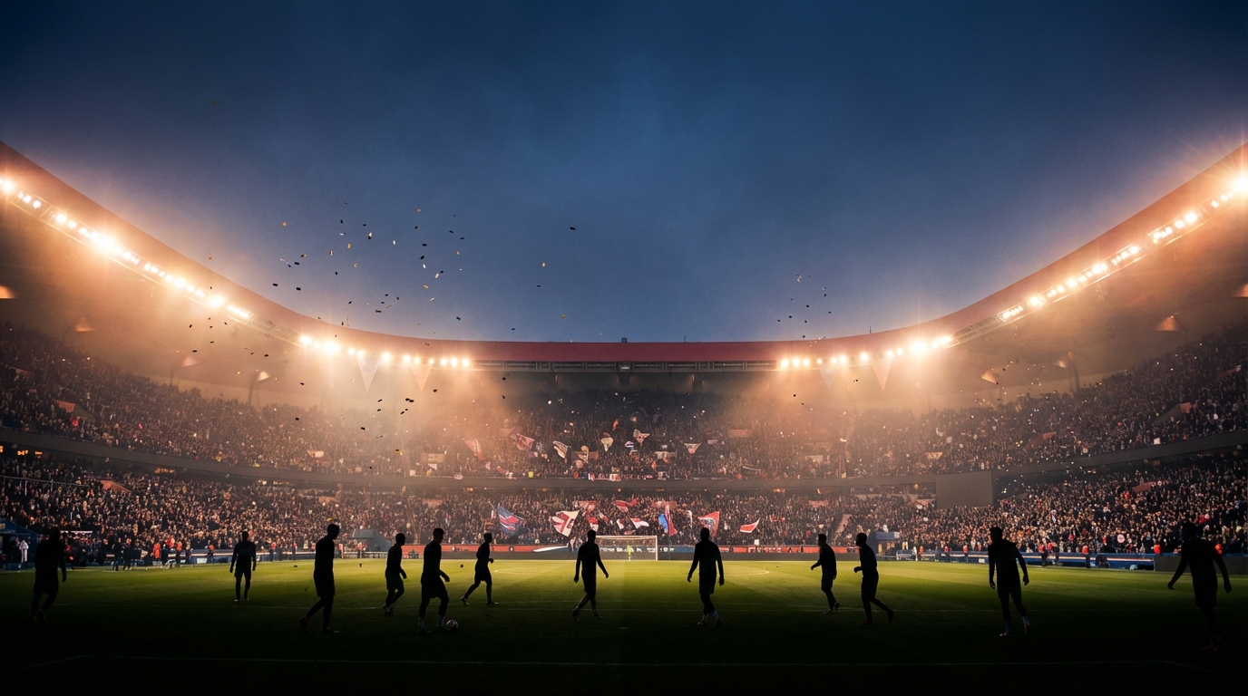Atmospheric football stadium at Champions League evening match with packed crowd, vibrant floodlights, confetti and player silhouettes warming up on the pitch.