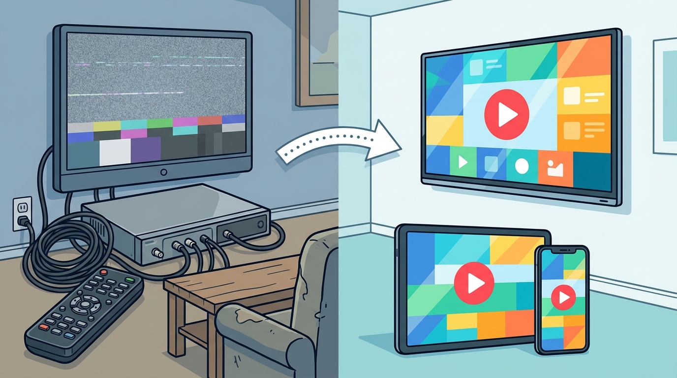 Illustration showing the transition from a living room with a bulky cable set-top box and tangled coax cables to a modern setup with a smart TV, tablet, and smartphone streaming apps. A dotted arrow connects the two sides to symbolize movement from legacy TV to streaming.