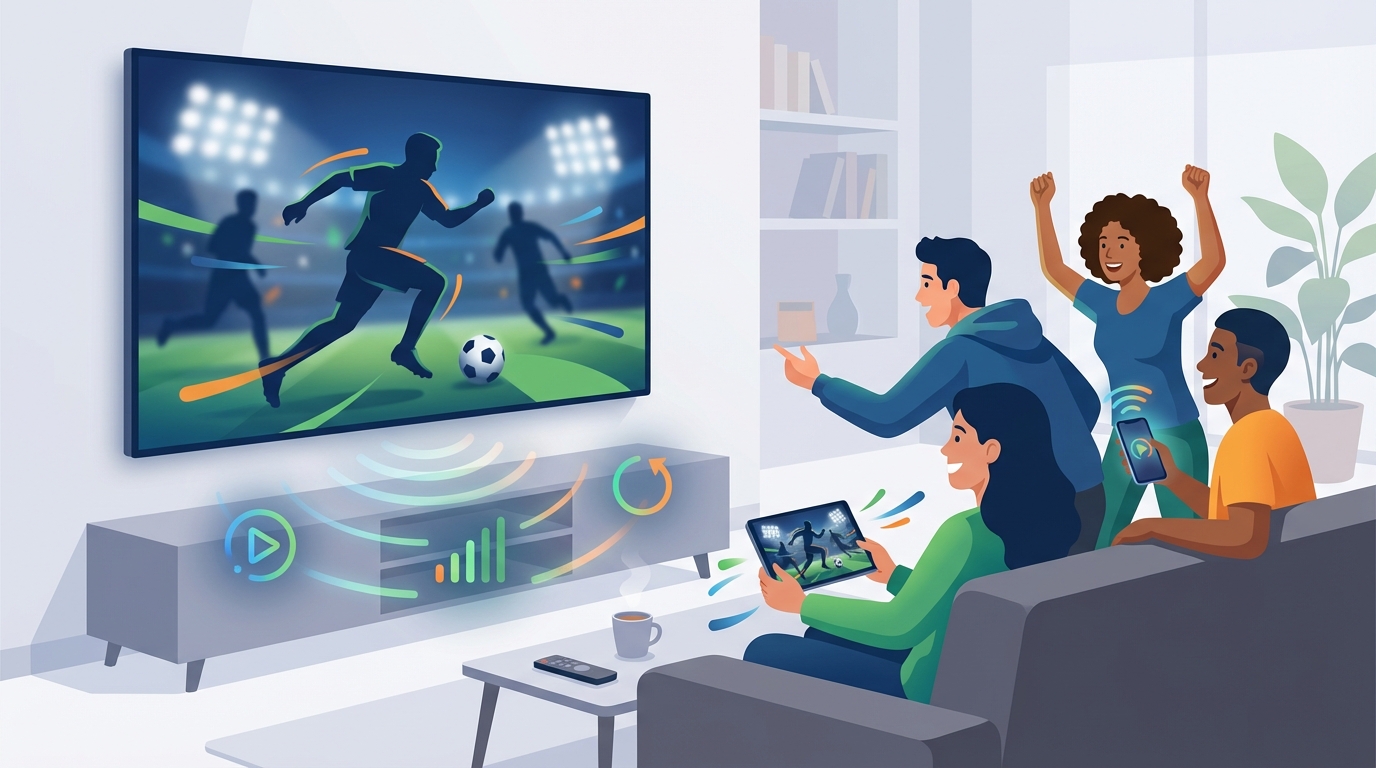 Illustration of a modern living room with a smart TV streaming a live football match, fans watching on a couch, and secondary devices mirroring the match to show global accessibility.
