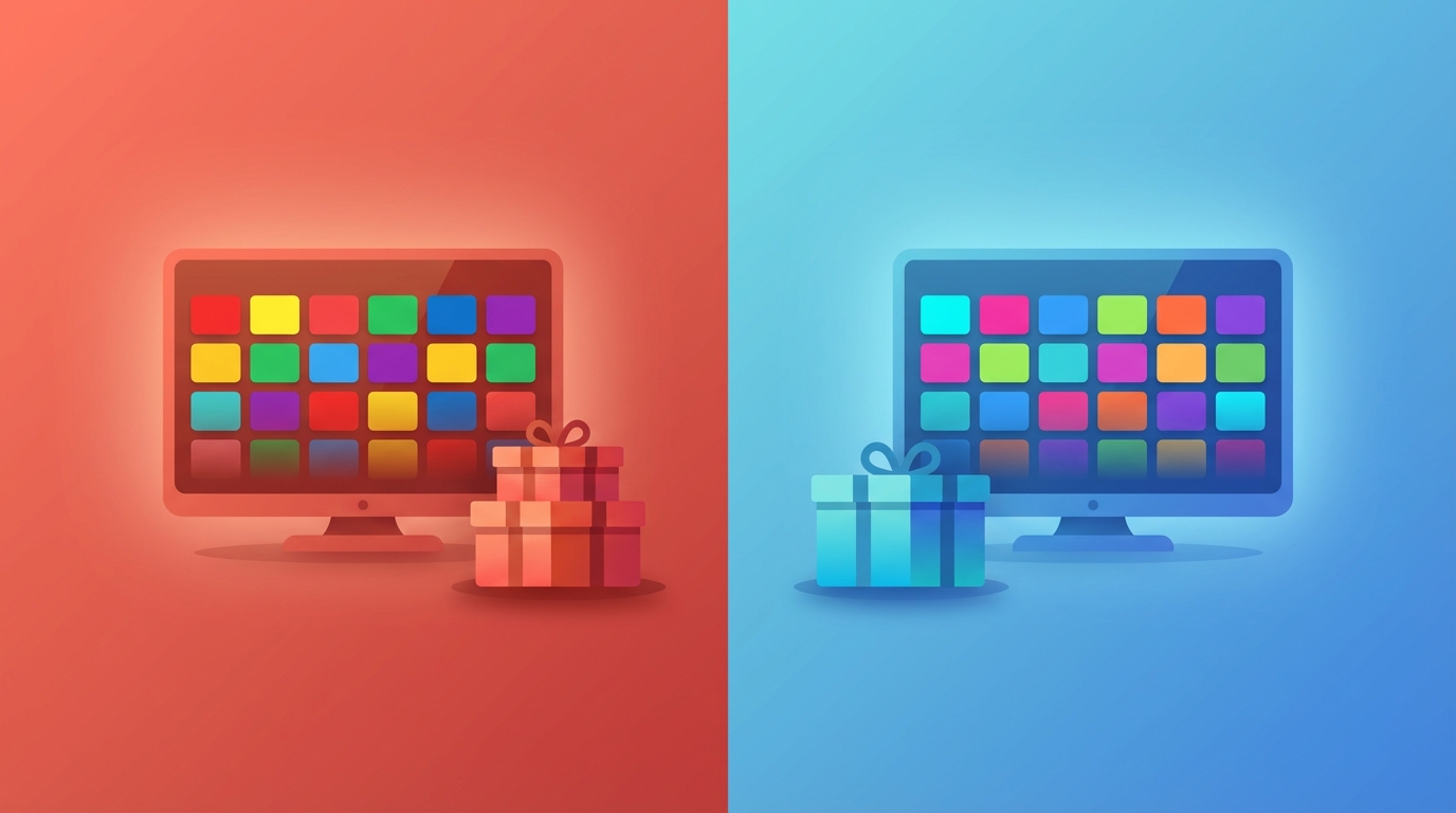 Split screen vector showing a warm red left side with a stylized TV and package icons representing one IPTV service and a cool blue right side with a similar TV and package icons representing another IPTV service. Centered dividing line separates the two halves.