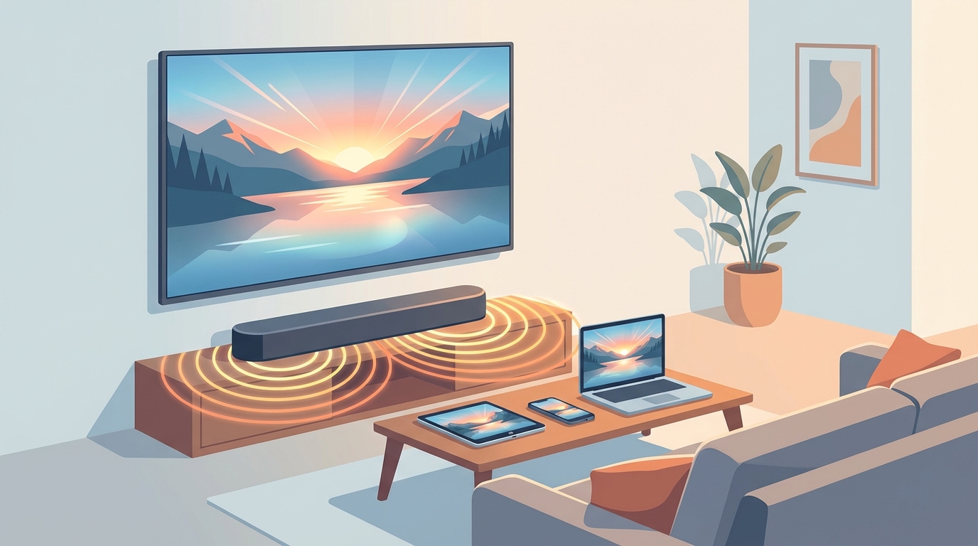 Illustration of a modern living room with a large ultra-clear TV, a soundbar emitting stylized sound waves, and three smaller devices displaying the same scene to represent multi-device streaming.