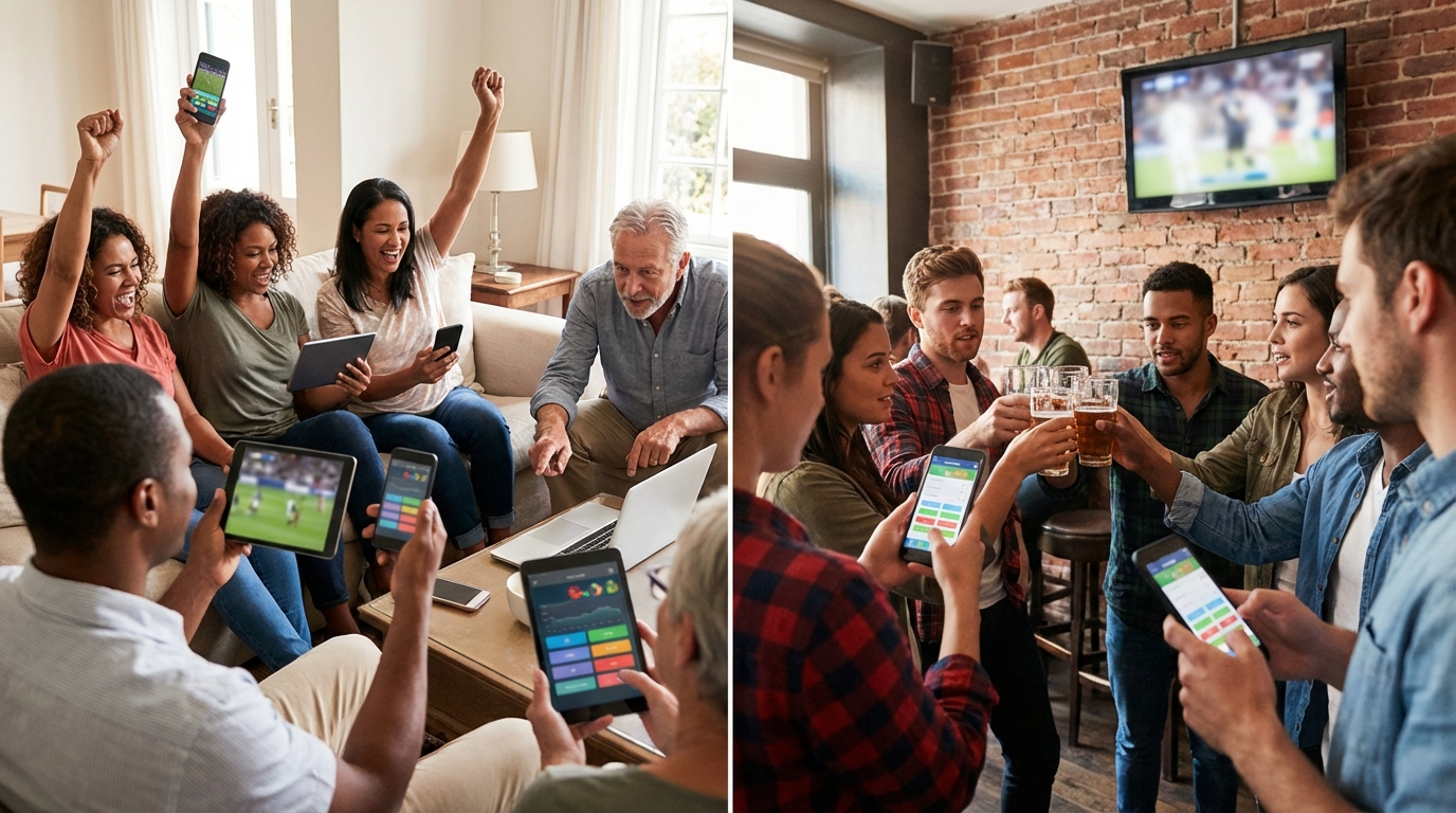Diverse sports fans watching and betting on international sports using smartphones, tablets, and laptops, showing excitement and convenience of mobile streaming and in-play betting.