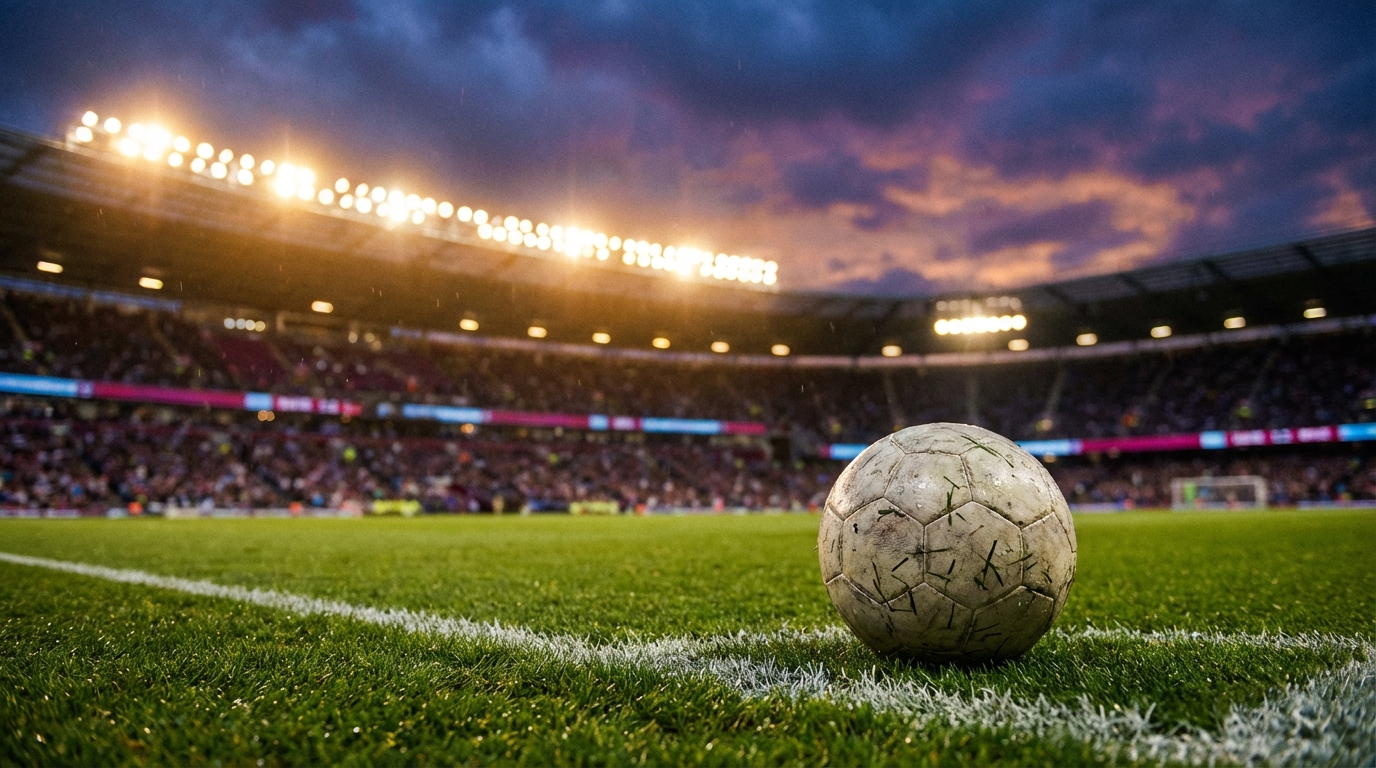 Soccer ball at the London Stadium under floodlights during an evening match
