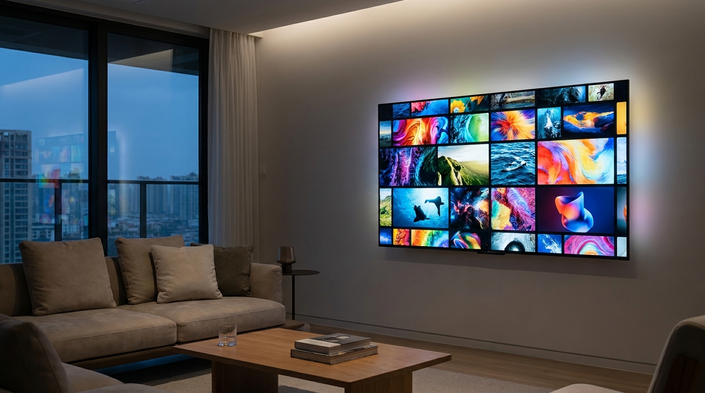 Modern living room with IPTV service on TV.