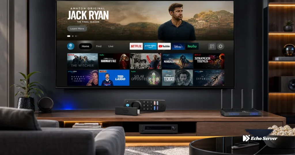 Amazon Fire Stick 4K Max with WiFi 6 router and 4K TV streaming interface
