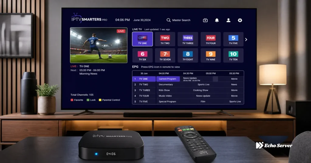 Smart TV displaying IPTV Smarters Pro app interface with channel guide