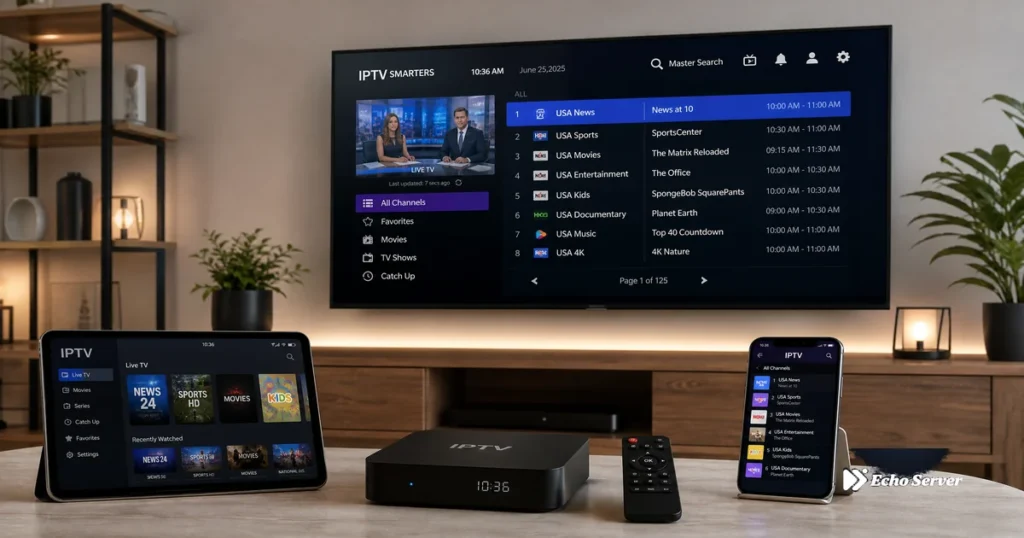 Modern home entertainment setup with multiple devices streaming IPTV apps