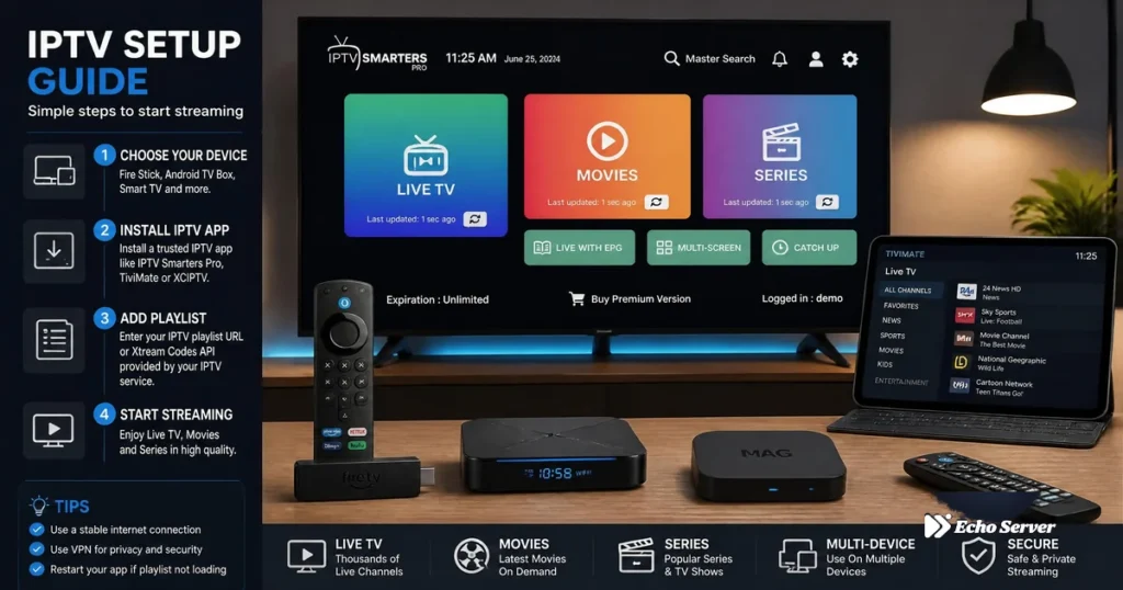 Professional IPTV setup guide showing streaming devices and app interfaces
