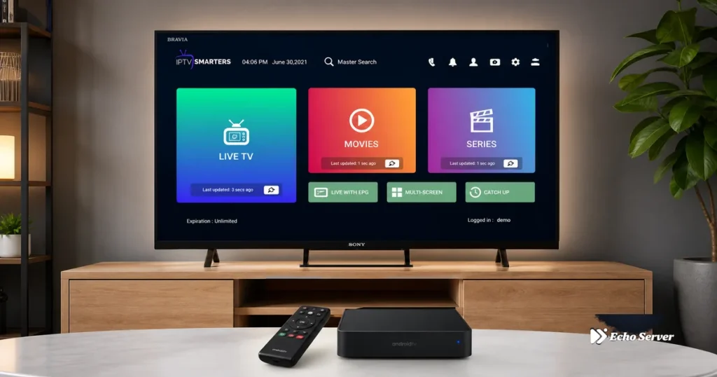 Android TV setup for IPTV streaming with app interface on television