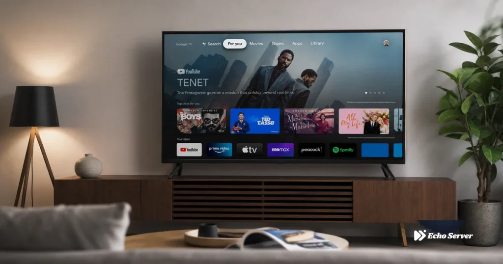 Modern Smart TV displaying IPTV app interface in living room setup