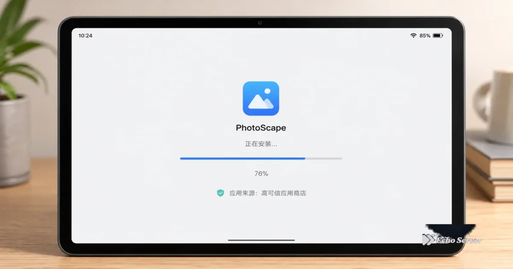 Tablet showing app installation and setup screen