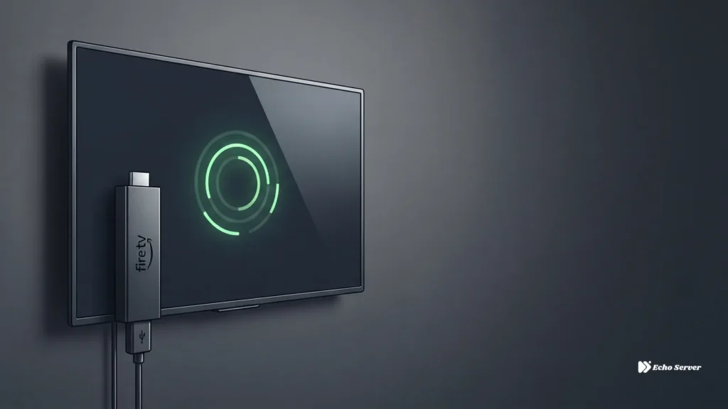 Amazon Fire TV Stick plugged into a TV displaying a buffering loading icon, illustrating Firestick IPTV buffering issues