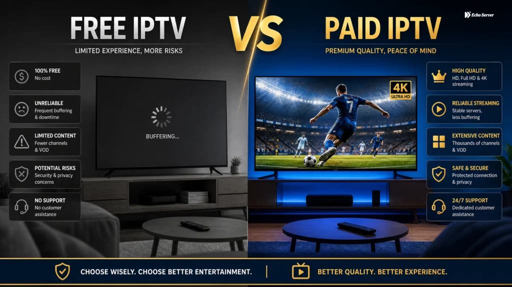 Professional comparison of free vs paid IPTV services showing quality, features, and value differences