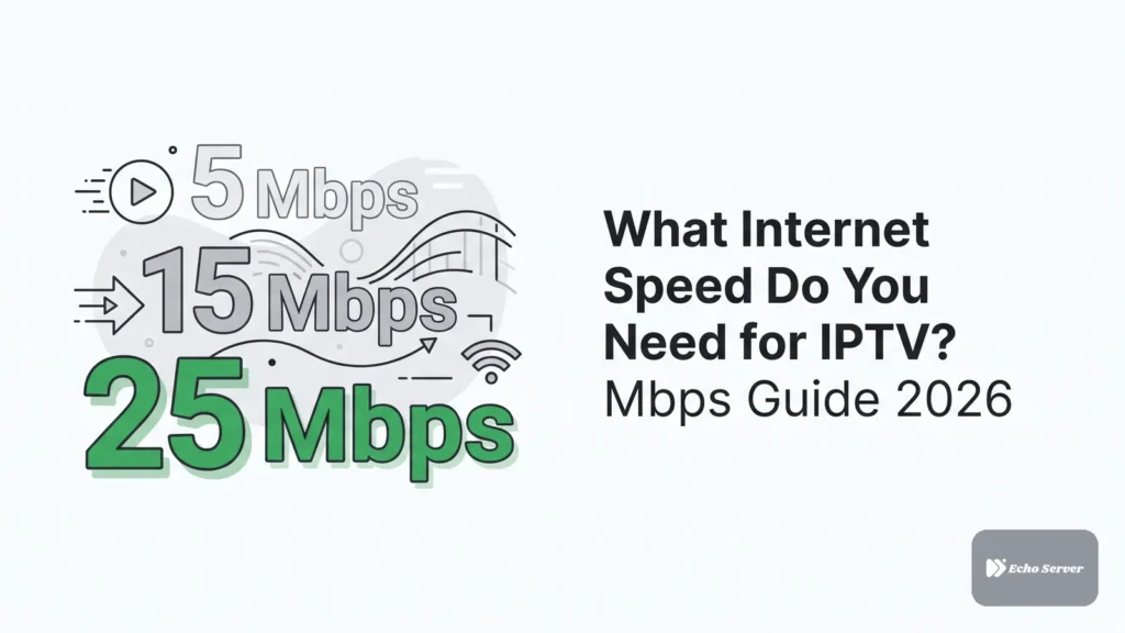 Infographic showing recommended internet speeds of 5, 15, and 25 Mbps for different IPTV streaming quality levels