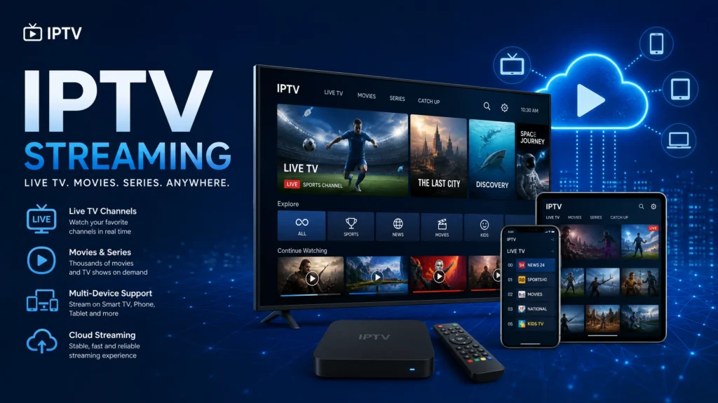 IPTV streaming services guide showing multiple devices and streaming technology