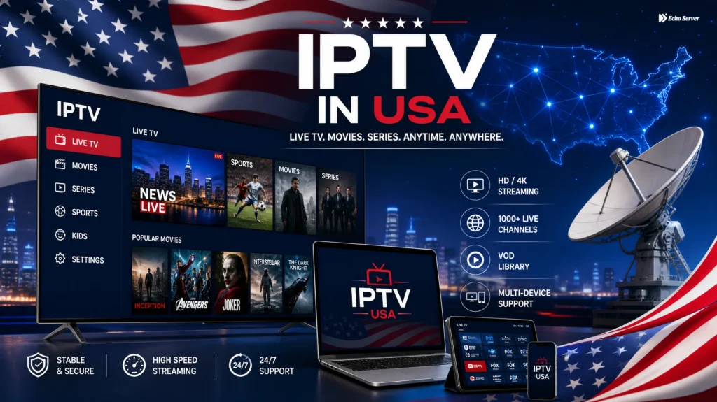 IPTV USA providers comparison with American flag theme and streaming technology
