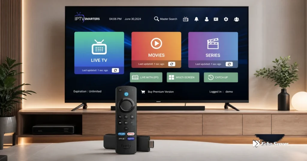 Amazon Fire Stick streaming device with IPTV interface on modern TV