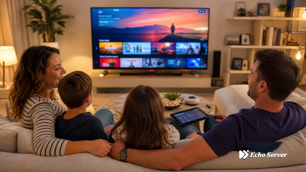 Family watching IPTV together on Smart TV in modern living room with children and parents enjoying safe content