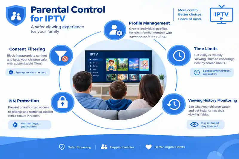Infographic showing key IPTV parental control features including profile management content filtering and time limits