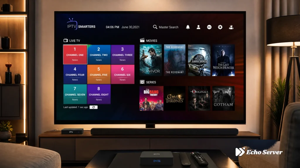 4K television displaying IPTV streaming interface in modern living room
