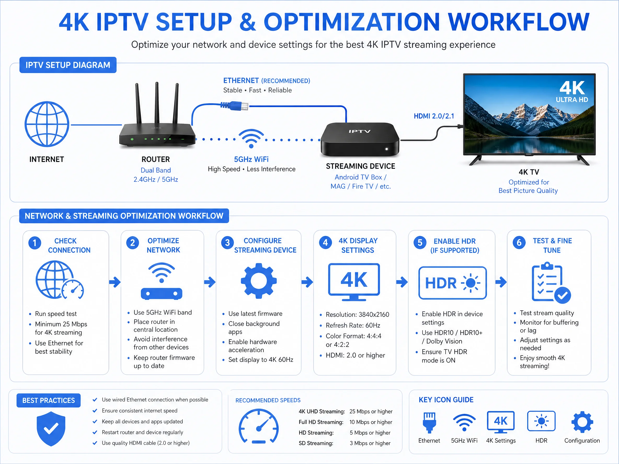 4K IPTV setup optimization workflow showing device network settings configuration