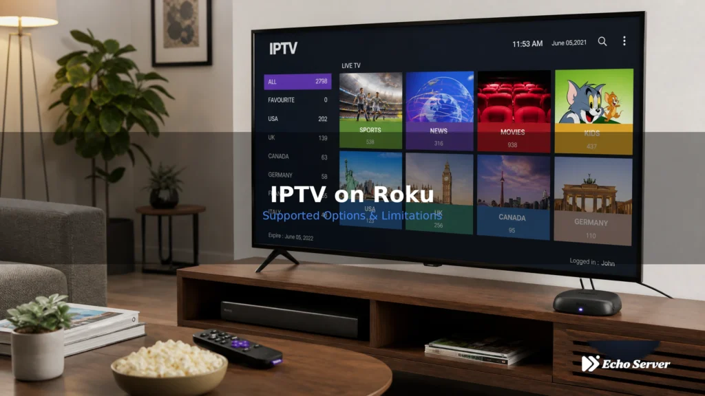 IPTV on Roku streaming device setup with channel guide on TV screen