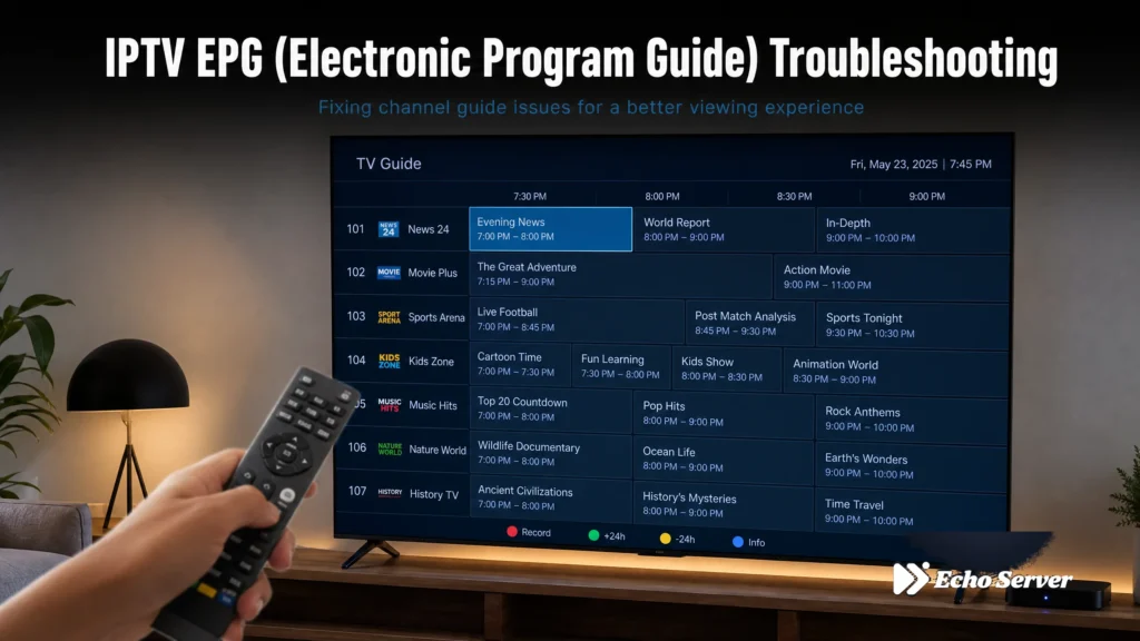 Smart TV displaying IPTV EPG channel guide with remote control for troubleshooting