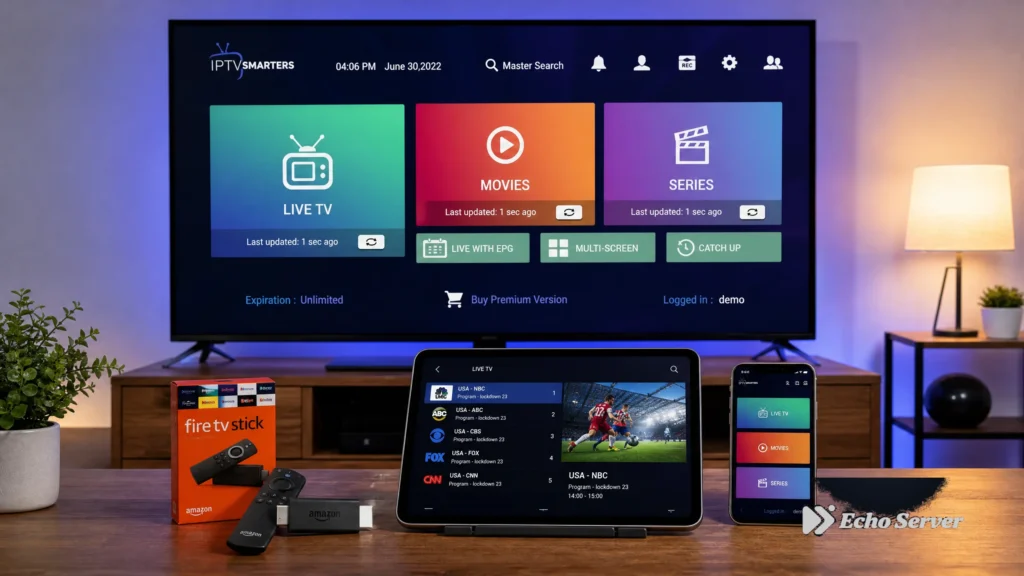 Multiple IPTV streaming devices showing Smart TV, Fire Stick, tablet and smartphone configured for household viewing