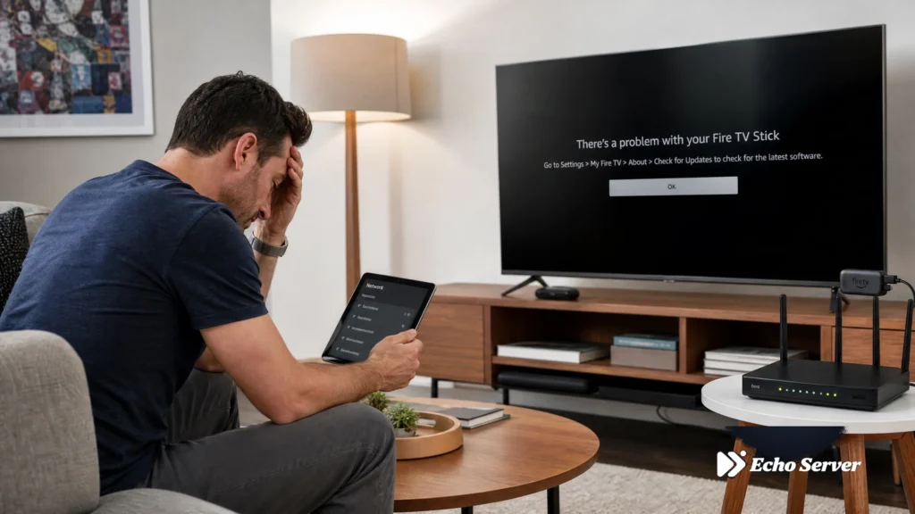 Person troubleshooting IPTV on smart TV with tablet checking network settings, modern living room technical problem-solving scene
