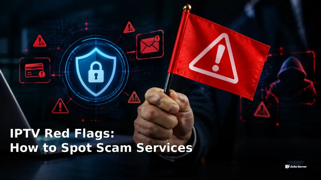 Security warning concept showing how to identify IPTV scam red flags and avoid fraud