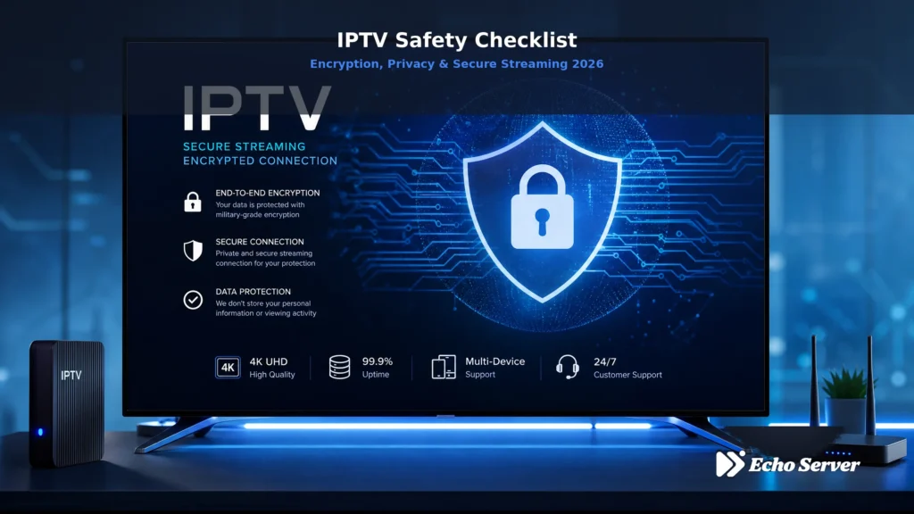 IPTV security checklist showing encryption, privacy protection, and secure streaming features