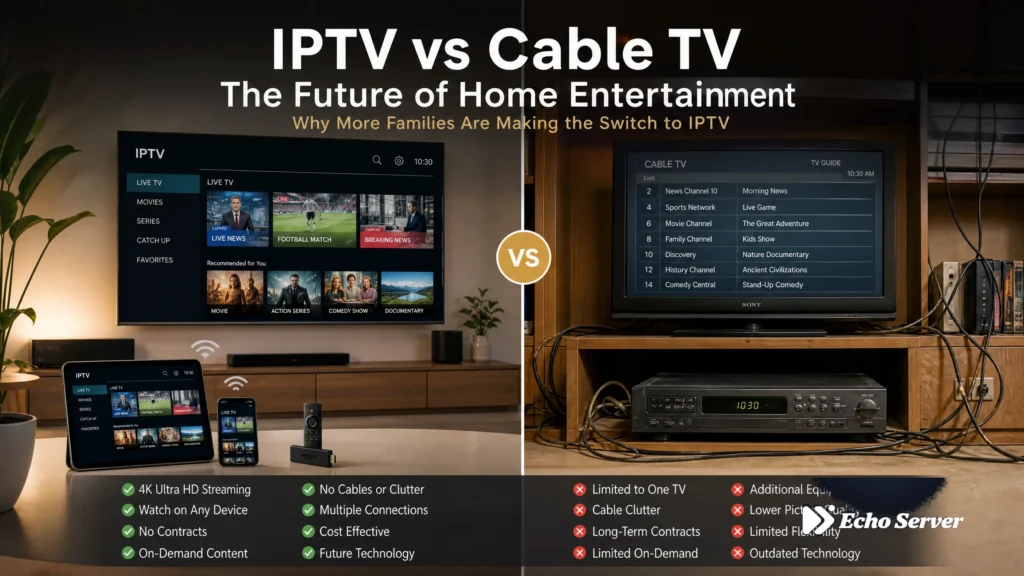 IPTV vs Cable TV comparison showing modern streaming devices vs traditional cable boxes