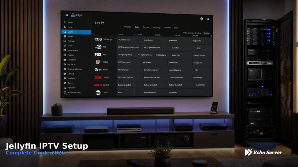 Jellyfin media server interface showing live TV channels and program guide setup