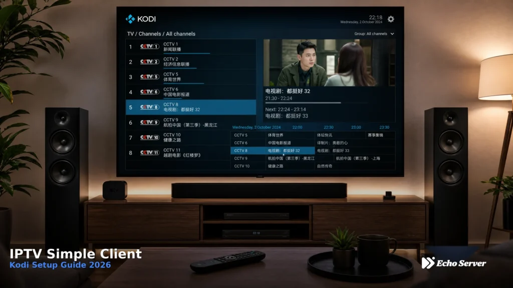 Kodi media center displaying IPTV channels and program guide for streaming setup