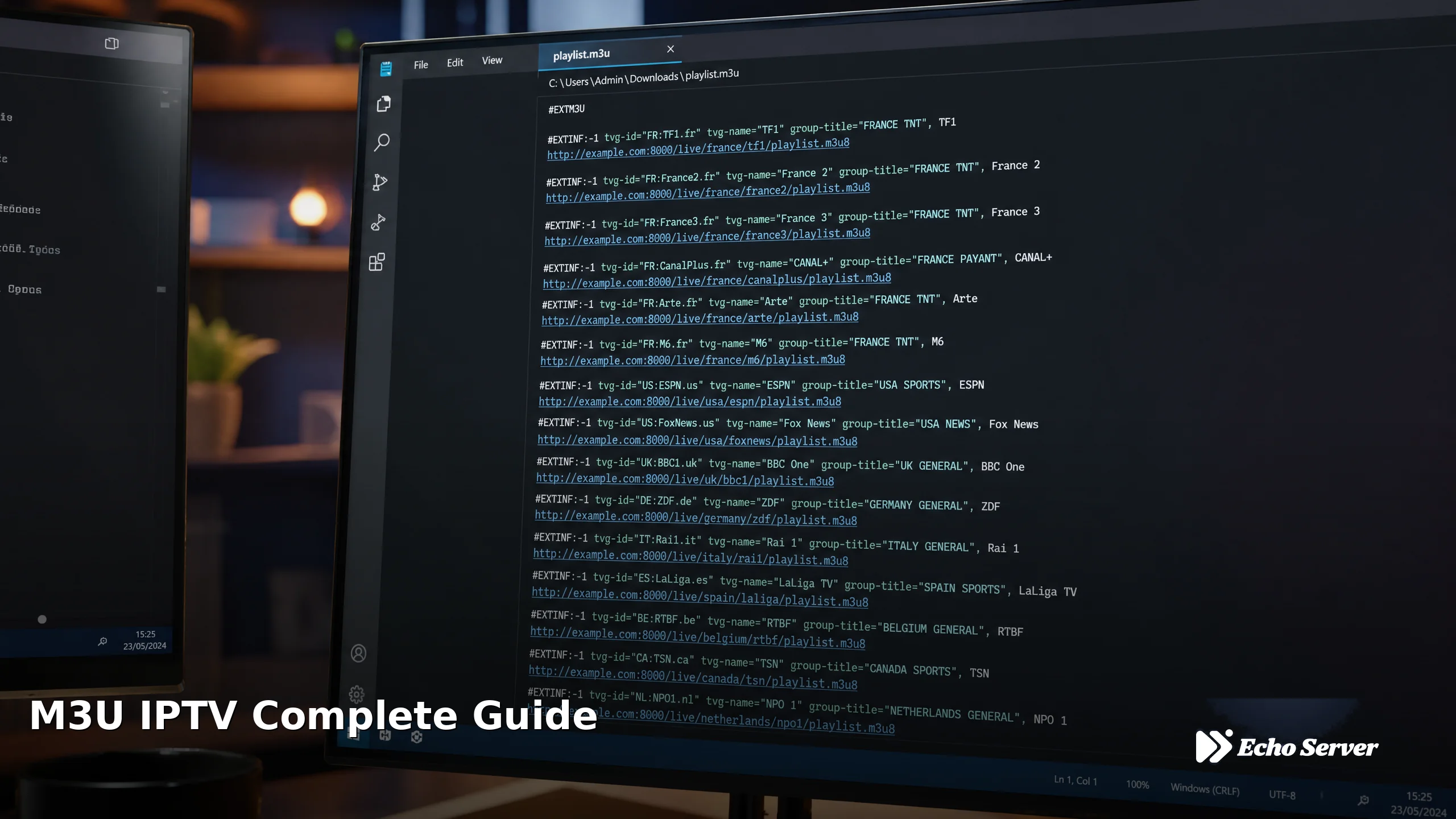 M3U IPTV playlist code displayed on computer screen showing channel entries and stream URLs