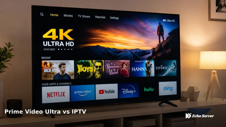 Smart TV displaying Prime Video Ultra streaming interface in modern living room