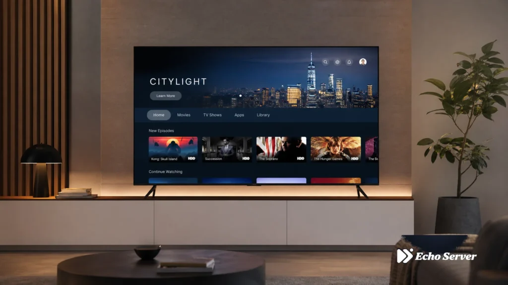 Modern Smart TV displaying IPTV interface in elegant living room with professional setup and ambient lighting