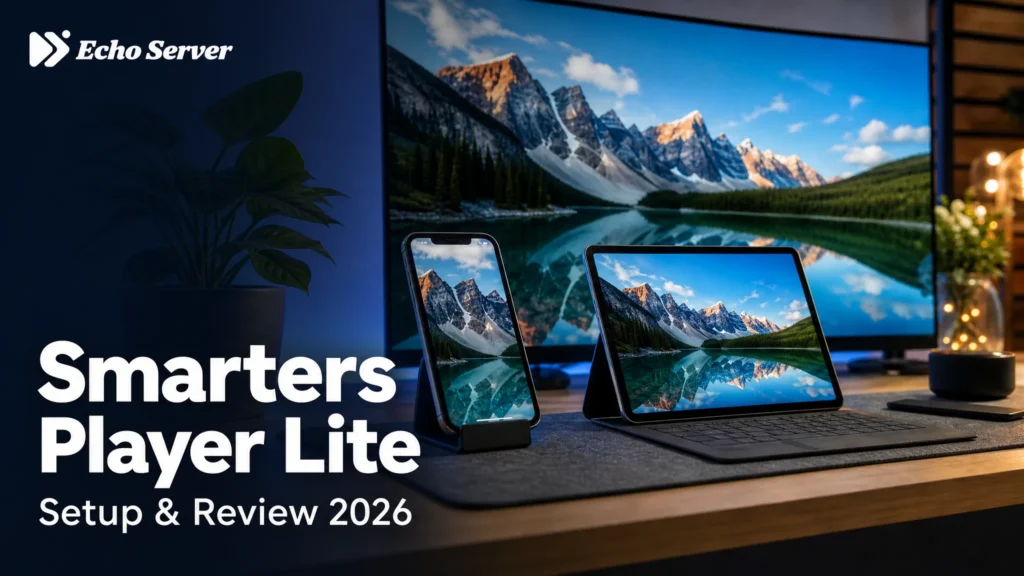 Phone tablet and television showing a mountain lake